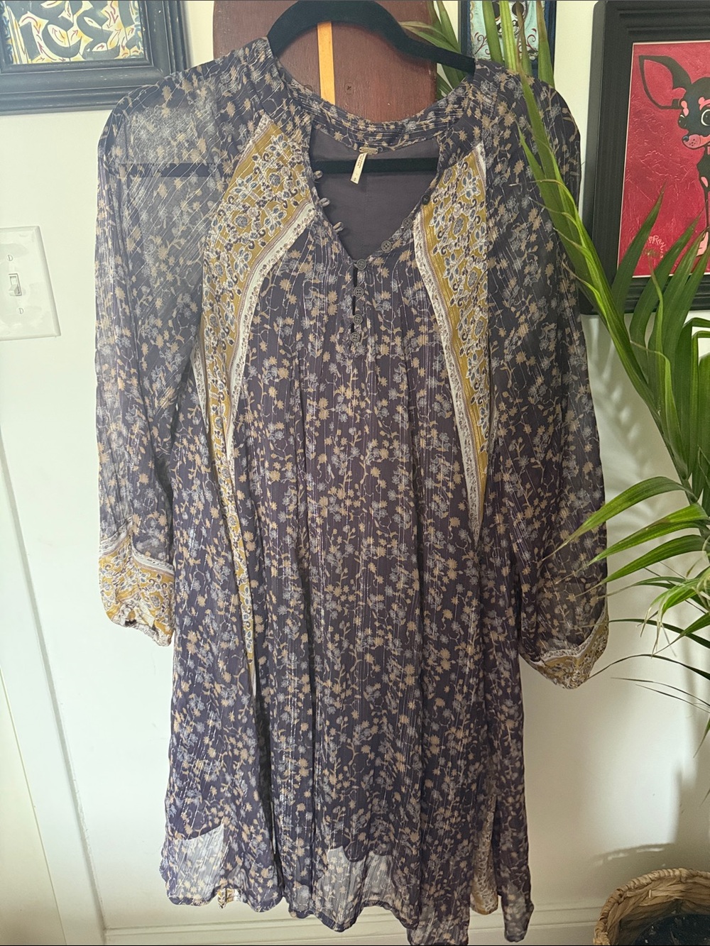 Free People Navy and Mustard Floral Peasant Dress